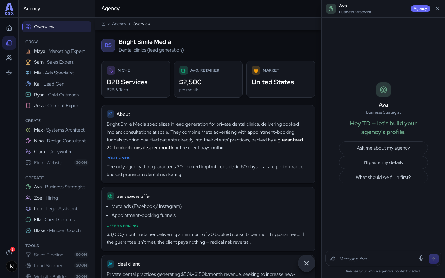 The Agency Overview dashboard, with niche, retainer, and market cards and Ava open on the right