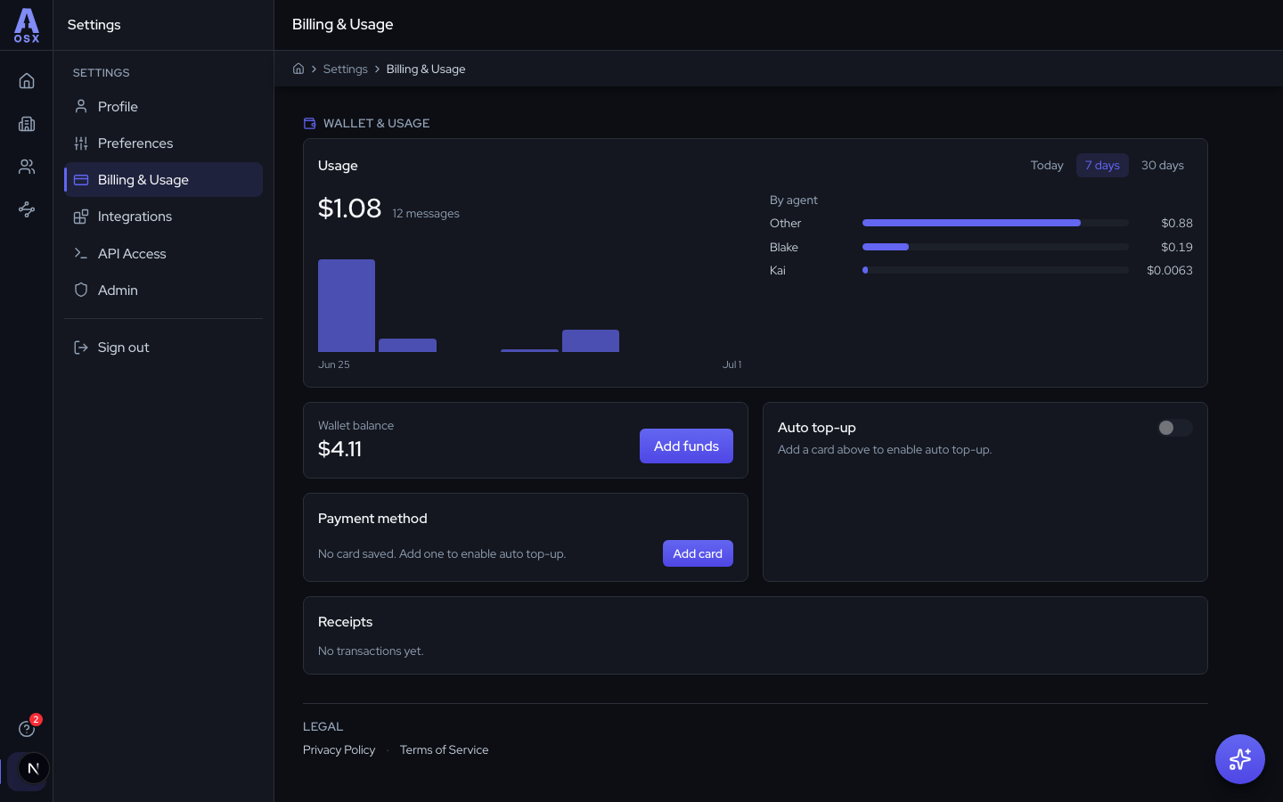 The Billing & Usage page with usage by agent, wallet balance, auto top-up, and receipts