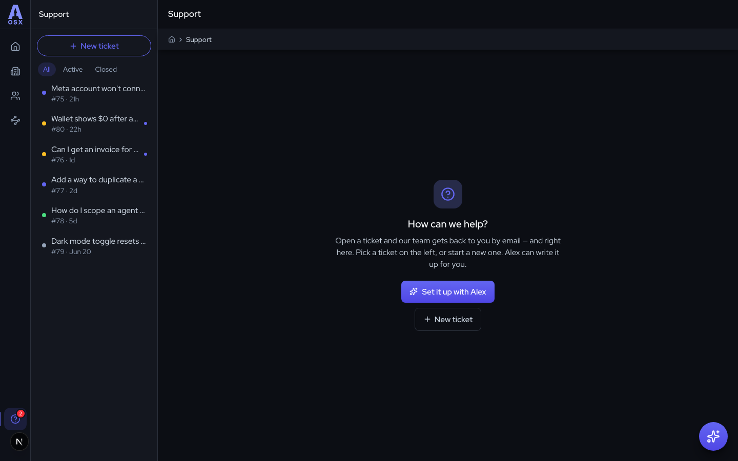 The new Support section with a ticket inbox and the option to raise a ticket with Alex